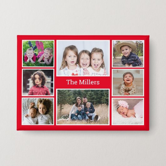 Persoonlijke 8 foto collage familienaam rood button (Voorkant)