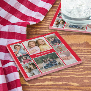 Persoonlijke 8 foto collage familienaam rood glazen onderzetter