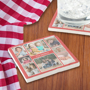 Persoonlijke 8 foto collage familienaam rood stenen onderzetter
