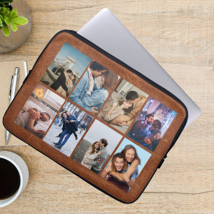 Persoonlijke 8 foto-collage moderne bruine leren laptop sleeve