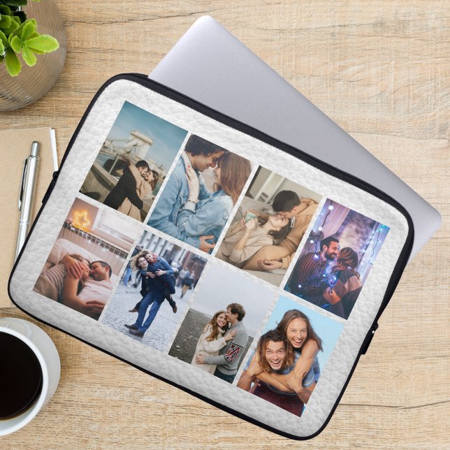 Persoonlijke 8 foto-collage Moderne witte leer Laptop Sleeve (Creator heeft geüpload)