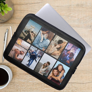 Persoonlijke 8 Foto Collage Moderne Zwarte Leer Laptop Sleeve