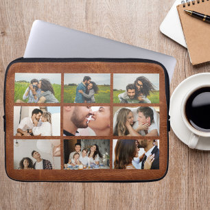 Persoonlijke 9 foto-collage moderne bruine leren laptop sleeve