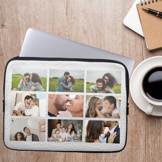 Persoonlijke 9 foto-collage moderne witte leer  laptop sleeve (Creator heeft geüpload)