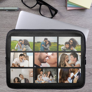 Persoonlijke 9 foto-collage moderne zwarte leren laptop sleeve