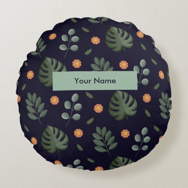 Persoonlijke Aangepaste Naam Navy Botanisch Rond Kussen (Voorkant)