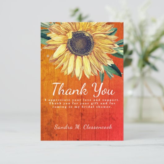 Persoonlijke aangepaste rustieke chic zonnebloem s bedankkaart (Staand voorkant)