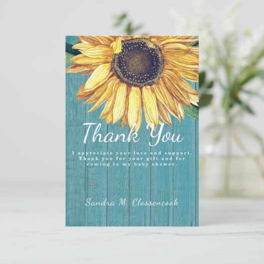 Persoonlijke aangepaste rustieke chic zonnebloem s bedankkaart (Staand voorkant)