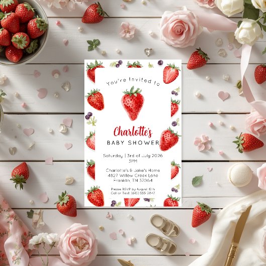 Persoonlijke aardbei babyshower uitnodiging