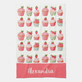 Persoonlijke aardbei-cupcake keukenhanddoek