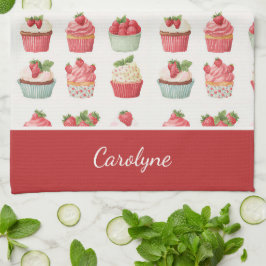 Persoonlijke aardbei-cupcake keukenhanddoek