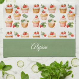 Persoonlijke aardbei-cupcake keukenhanddoek