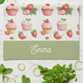 Persoonlijke aardbei-cupcaketheedoek theedoek