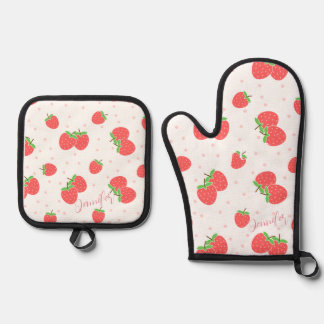 Persoonlijke aardbeienkeukencadeauset ovenwant & pannenlap set