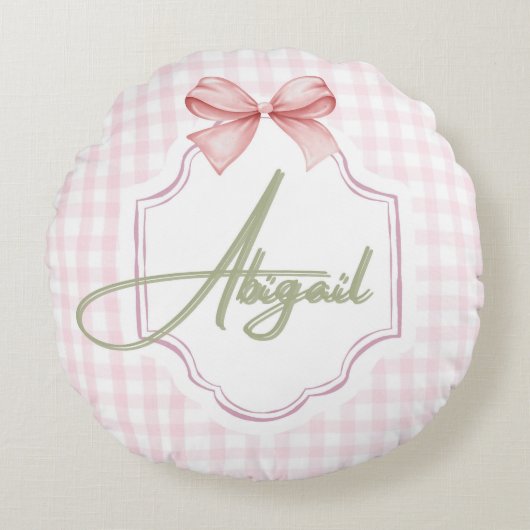 Persoonlijke Abigail Baby Meisje Nursery Boog&Ging Rond Kussen (Voorkant)