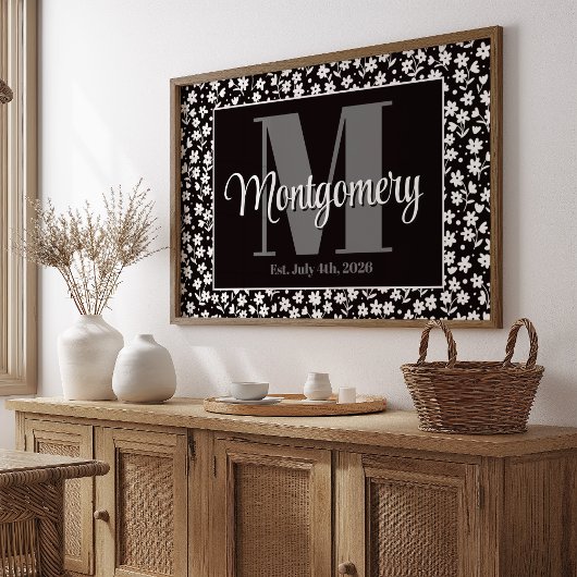 Persoonlijke Achternaam Print Zwart Wit Bloemen
