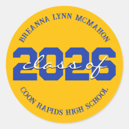 Persoonlijke afstudeerstickers in goud en blauw ronde sticker