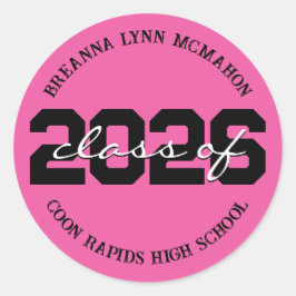 Persoonlijke afstudeerstickers in heet roze en zwa ronde sticker