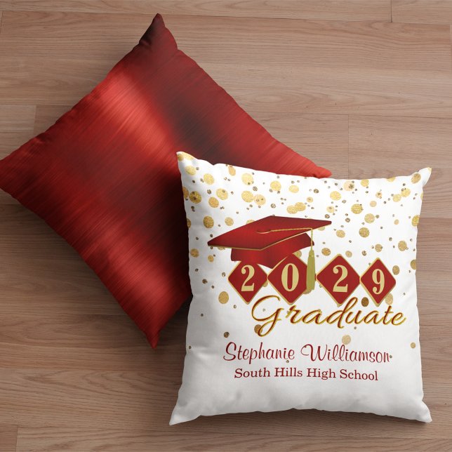 Persoonlijke Afstuderen Red & Gold Confetti Kussen (Personalized Graduation Red & Gold Confetti Throw Pillow Front and Back)