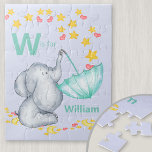 Persoonlijke alfabetnaam: Elephant Boys Legpuzzel<br><div class="desc">Stomme olifant puzzel voor je kleine jongen met een aangepaste alfabet naam. De sjabloon is opstelling voor u om jouw naam en initiaal toe te voegen, die in vette typografie wordt geletterd. Het ontwerp heeft een schattige olifant die vallende sterren en liefdesharten vangt in een paraplu. Het heeft een kleurenpalet...</div>