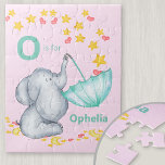 Persoonlijke alfabetnaam: Elephant Girls Legpuzzel<br><div class="desc">Stomme olifant puzzel voor je kleine meisje met een aangepaste alfabet naam. De sjabloon is opstelling voor u om jouw naam en initiaal toe te voegen, die in vette typografie wordt geletterd. Het ontwerp heeft een schattige olifant die vallende sterren en liefdesharten vangt in een paraplu. Het heeft een kleurenpalet...</div>