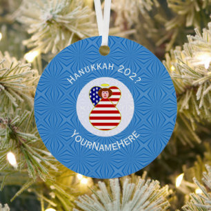 Persoonlijke Amerikaanse engel Hanukkah-vlag Metalen Ornament