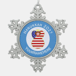 Persoonlijke Amerikaanse engel Hanukkah-vlag Tin Sneeuwvlok Ornament