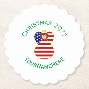 Persoonlijke Amerikaanse engel kerst vlag Rood haa Kartonnen Onderzetters