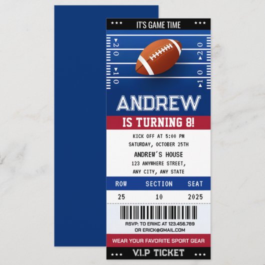 Persoonlijke Amerikaanse Football Ticket Verjaarda Kaart (Voorkant / Achterkant)