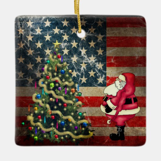 Persoonlijke Amerikaanse vlag, Kerstman, kerstboom Keramisch Ornament (Voorkant)