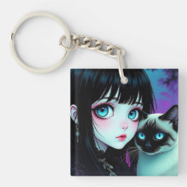 Persoonlijke Anime Meisje en Siamese Kat Sleutelhanger