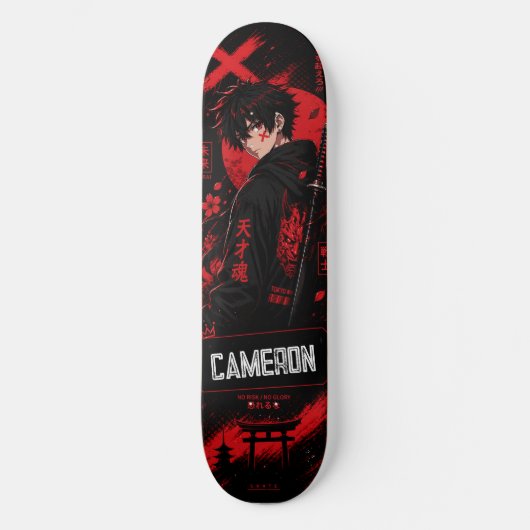 Persoonlijke Anime Zwarte Rode Samurai Persoonlijk Skateboard (Voorkant)