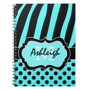 Persoonlijke Aqua Black White Striped Polka Dots Notitieboek