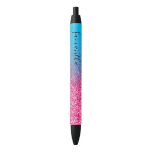 Persoonlijke Aqua Blauwe Hot Pink Ombre Glitter Zwarte Inkt Pen