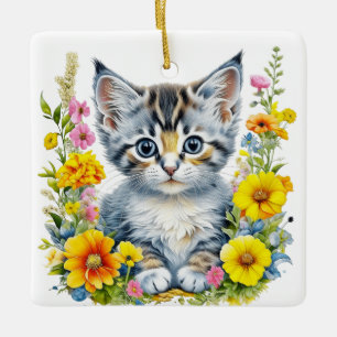 Persoonlijke Aquarel Kitten Bloemen Kerstmis Keramisch Ornament