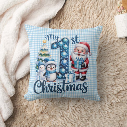 Persoonlijke Baby Blauwe Gingham Mijn Eerste Kerst Kussen (Deken)