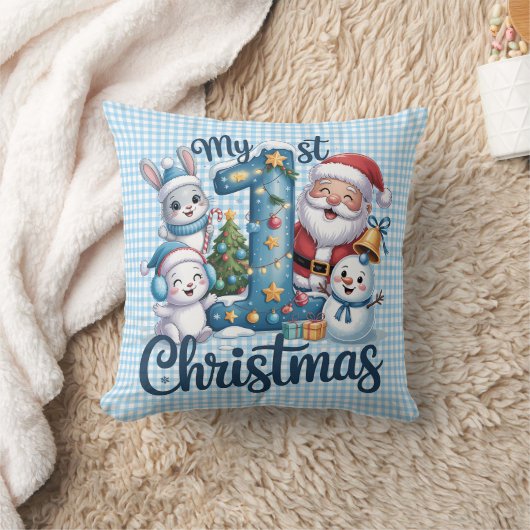 Persoonlijke Baby Blauwe Gingham Mijn Eerste Kerst Kussen (Deken)