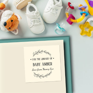 Persoonlijke baby-boekplaatsticker | Uit de biblio Vierkante Sticker