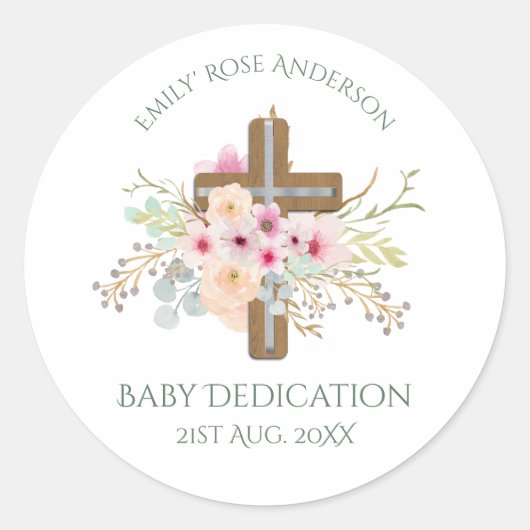 Persoonlijke BABY-dopeingeving bloemenkruis Ronde Sticker (Voorkant)