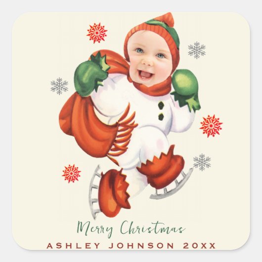 Persoonlijke Baby Foto Chubby Santa Vierkante Sticker (Voorkant)