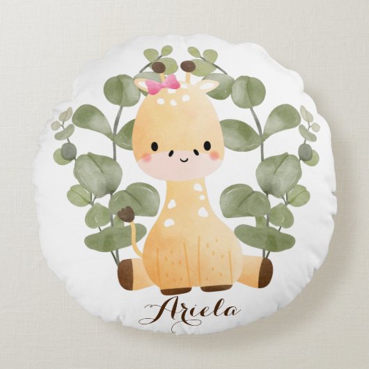 Persoonlijke baby Girl Giraffe Rond Sierkussen Kussen (Voorkant)