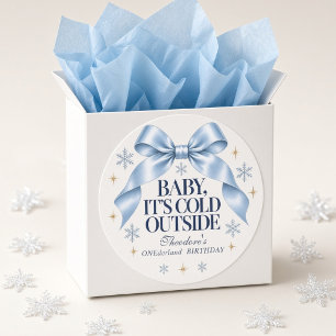 Persoonlijke Baby It's Cold Outside Blauwe Strik Ronde Sticker