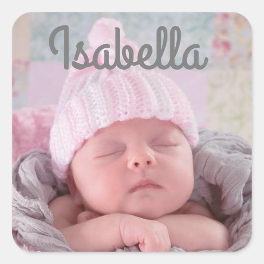 Persoonlijke Baby naam en foto Vierkante Sticker (Voorkant)