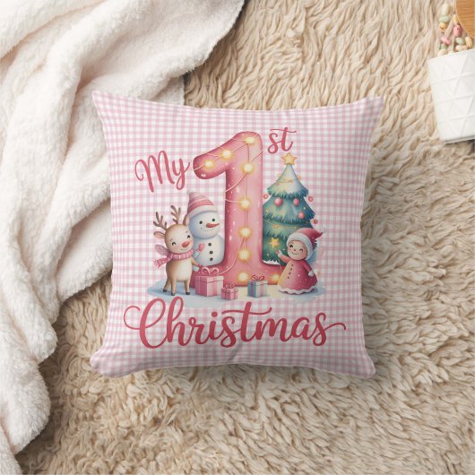 Persoonlijke Baby Roze Gingham Mijn Eerste Kerstmi Kussen (Deken)