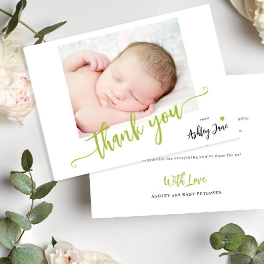 Persoonlijke baby shower foto moderne script bedankkaart