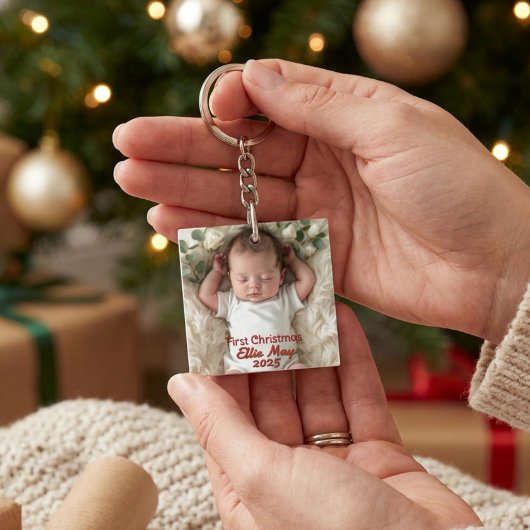 Persoonlijke babyfoto eerste kerst sleutelhanger