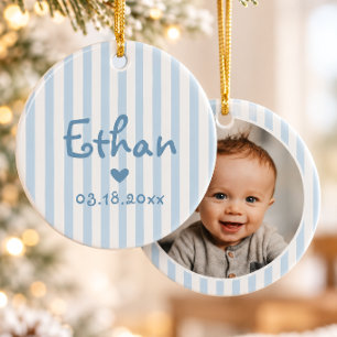 Persoonlijke babyfoto Kerstmis blauwe strepen Keramisch Ornament