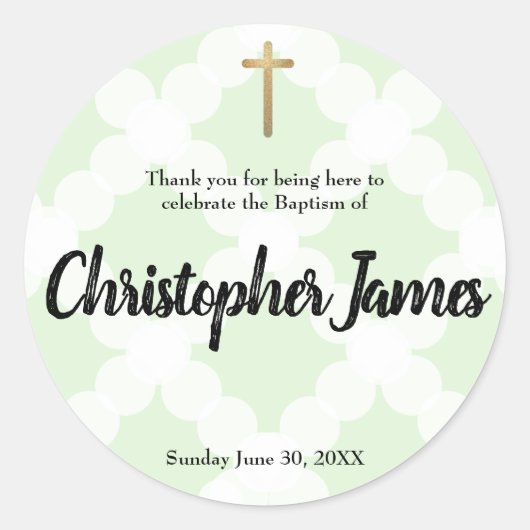Persoonlijke babyjongen groene baptisme bedankt ronde sticker (Voorkant)
