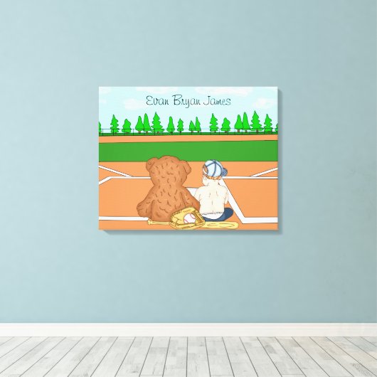 Persoonlijke babyjongen in het Pet Teddy Bear Canvas Afdruk (Insitu (Houten vloer))