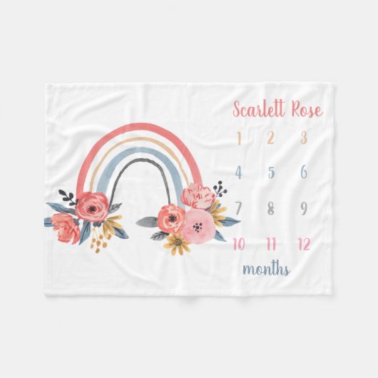 Persoonlijke babymeisje Milestone Floral Rainbow Fleece Deken (Voorkant (Horizontaal))